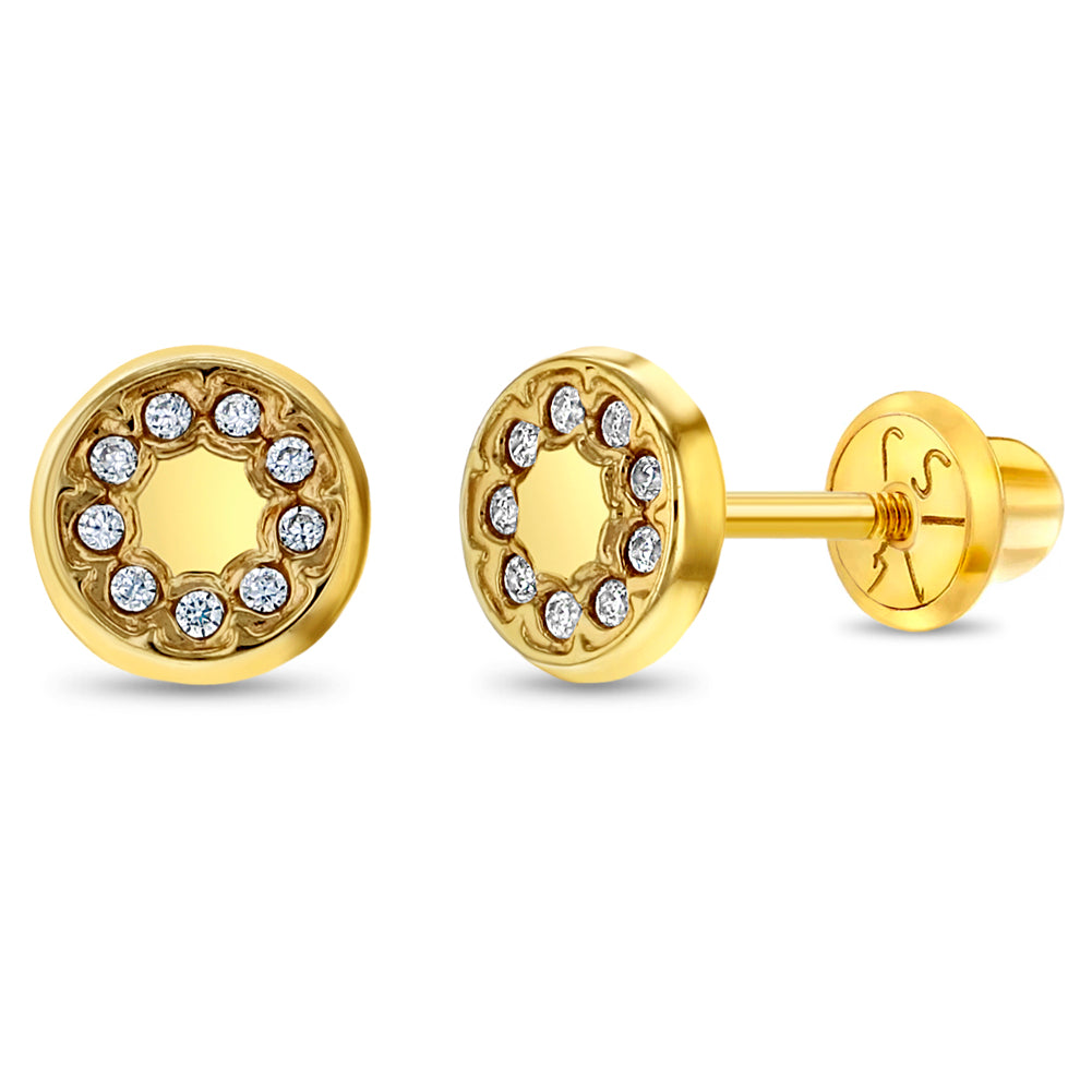 14k Gold Round CZ Encrusted Kids / Children's / Girls Earrings Safety Screw Back