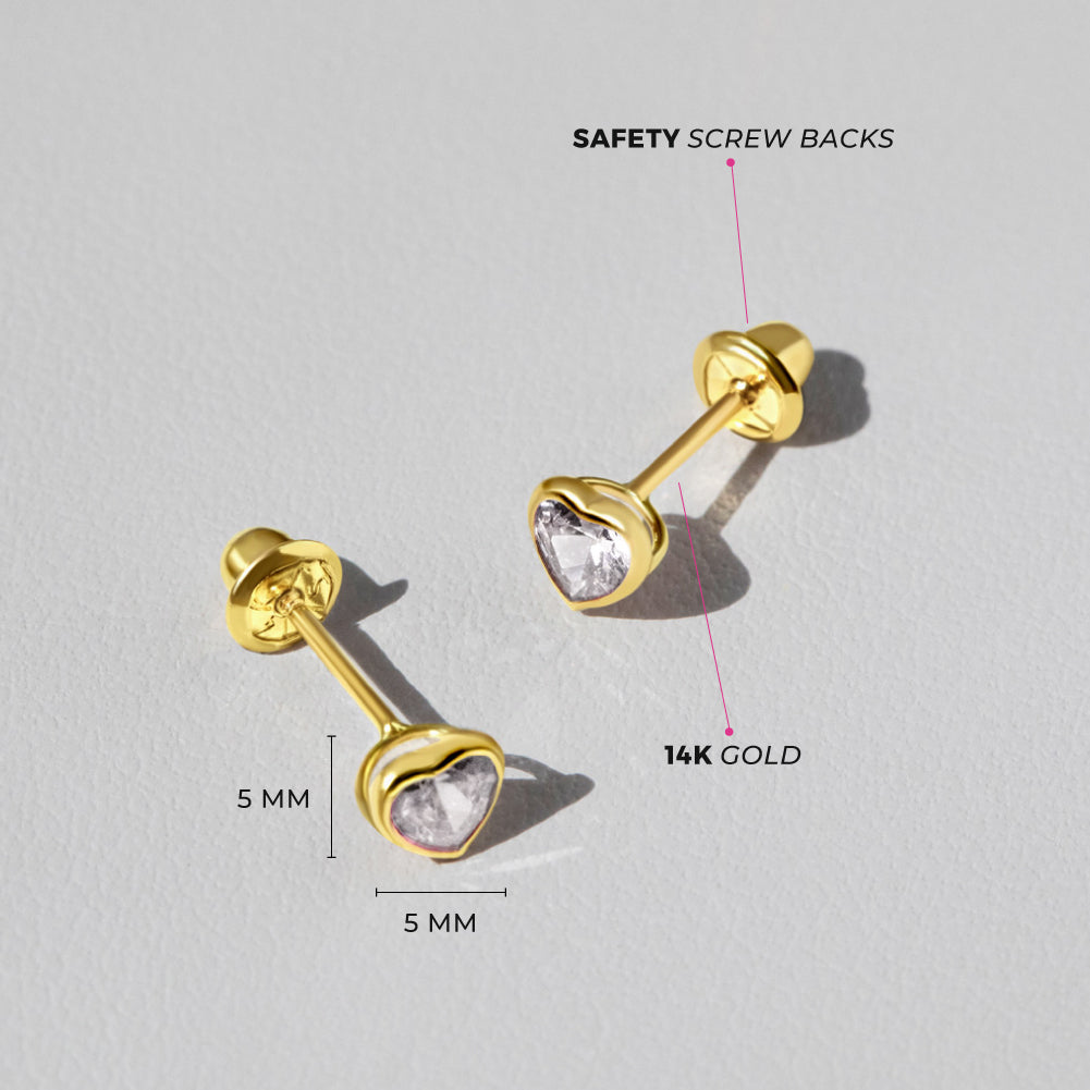 14k Gold Bezel CZ Heart Baby / Toddler / Kids Earrings Safety Screw Ba