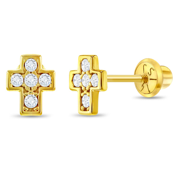 14k Yellow Gold Dangling Religious Cross Stud top Earrings with Pink CZ